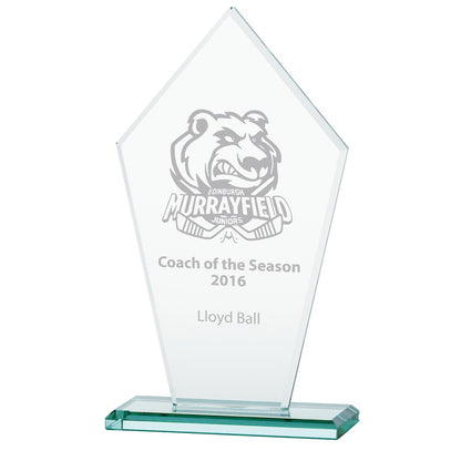 Glass award with engraved text and logo on a white background