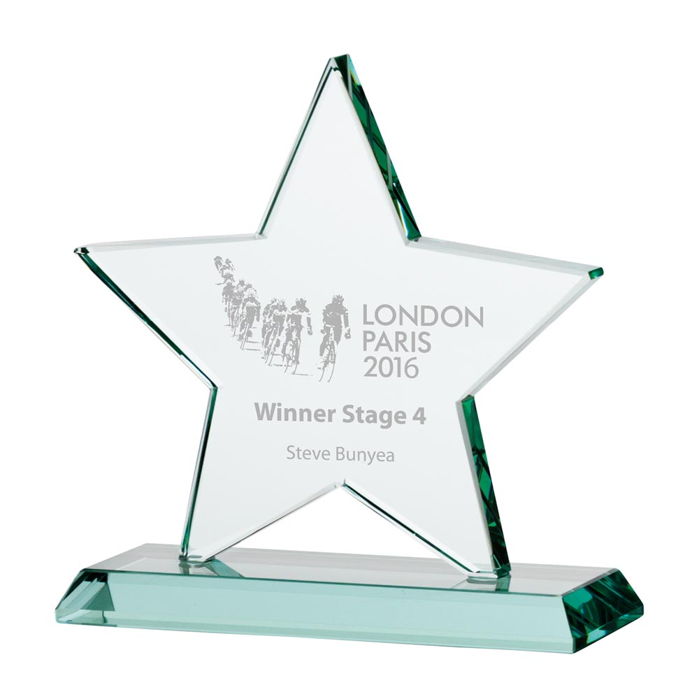 155mm clear star-shaped award with engraved text on a white background