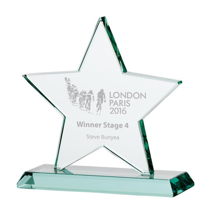 155mm clear star-shaped award with engraved text on a white background