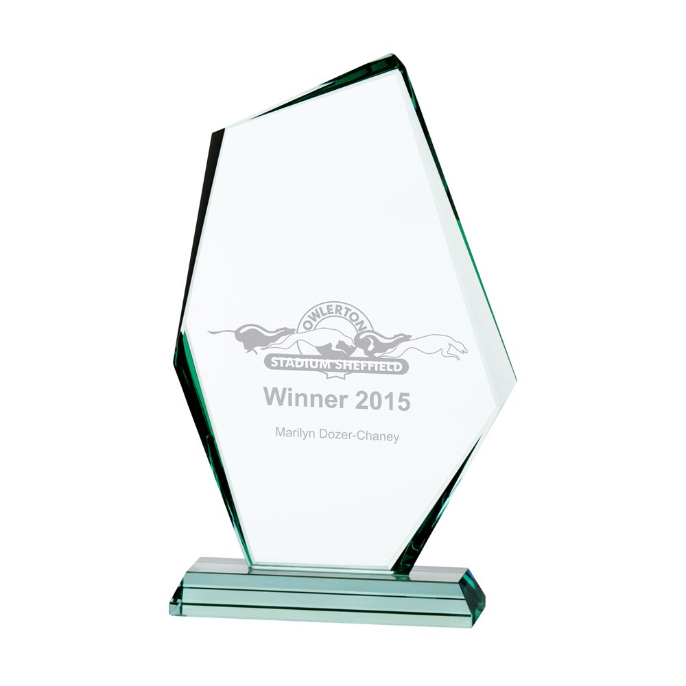 Glass award with engraved text on a white background