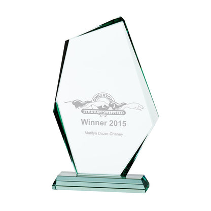 Glass award with engraved text on a white background