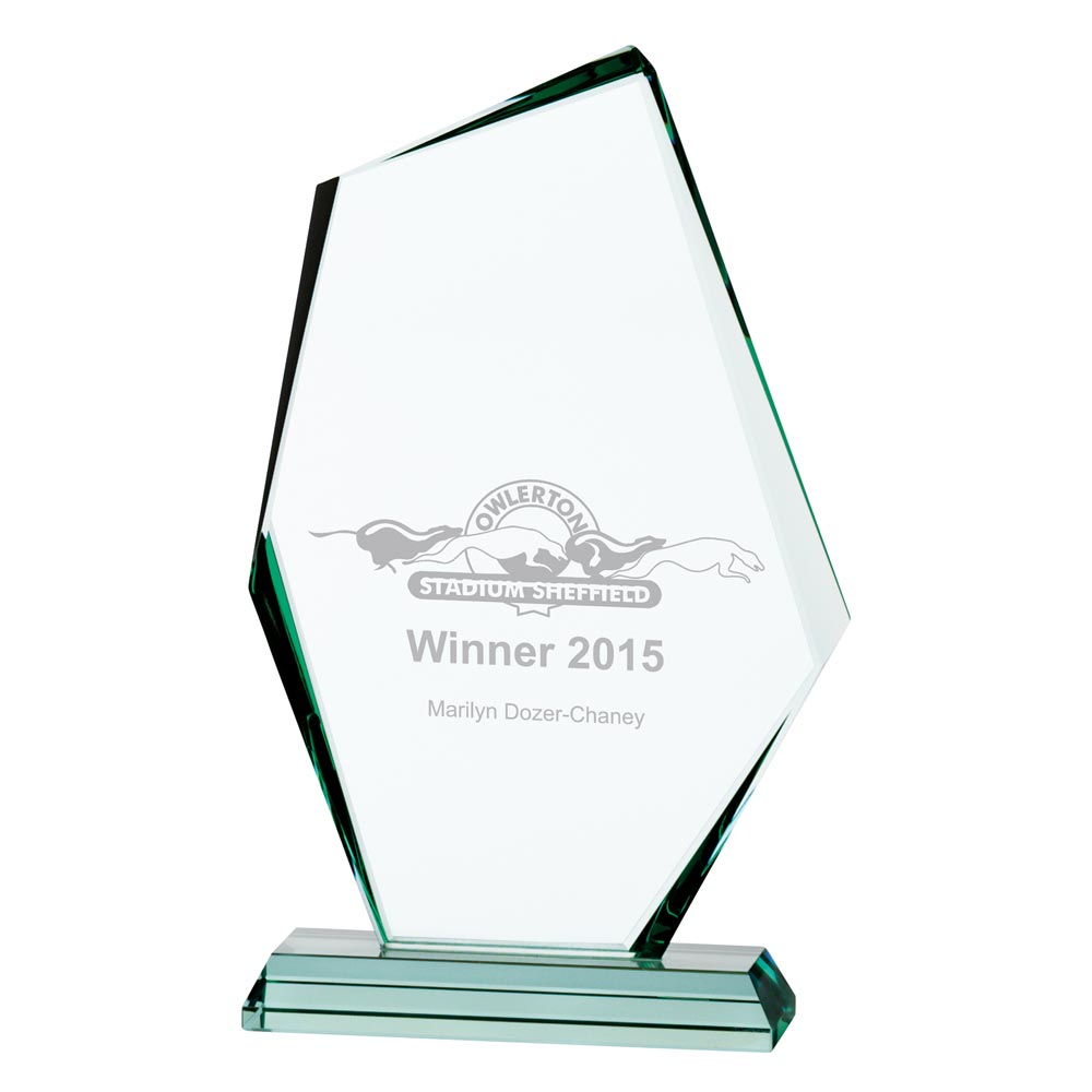 Glass award with engraved text on a white background