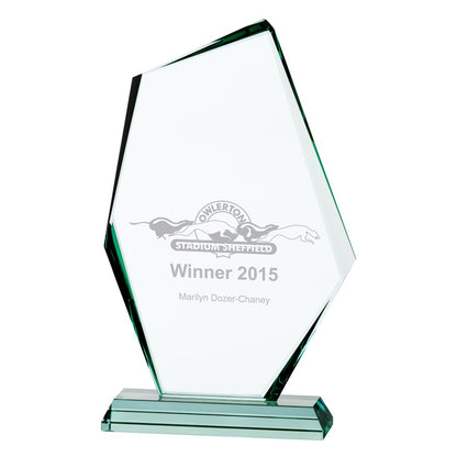 Glass award with engraved text on a white background