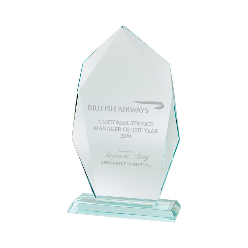 Glass award with British Airways logo and text on a white background
