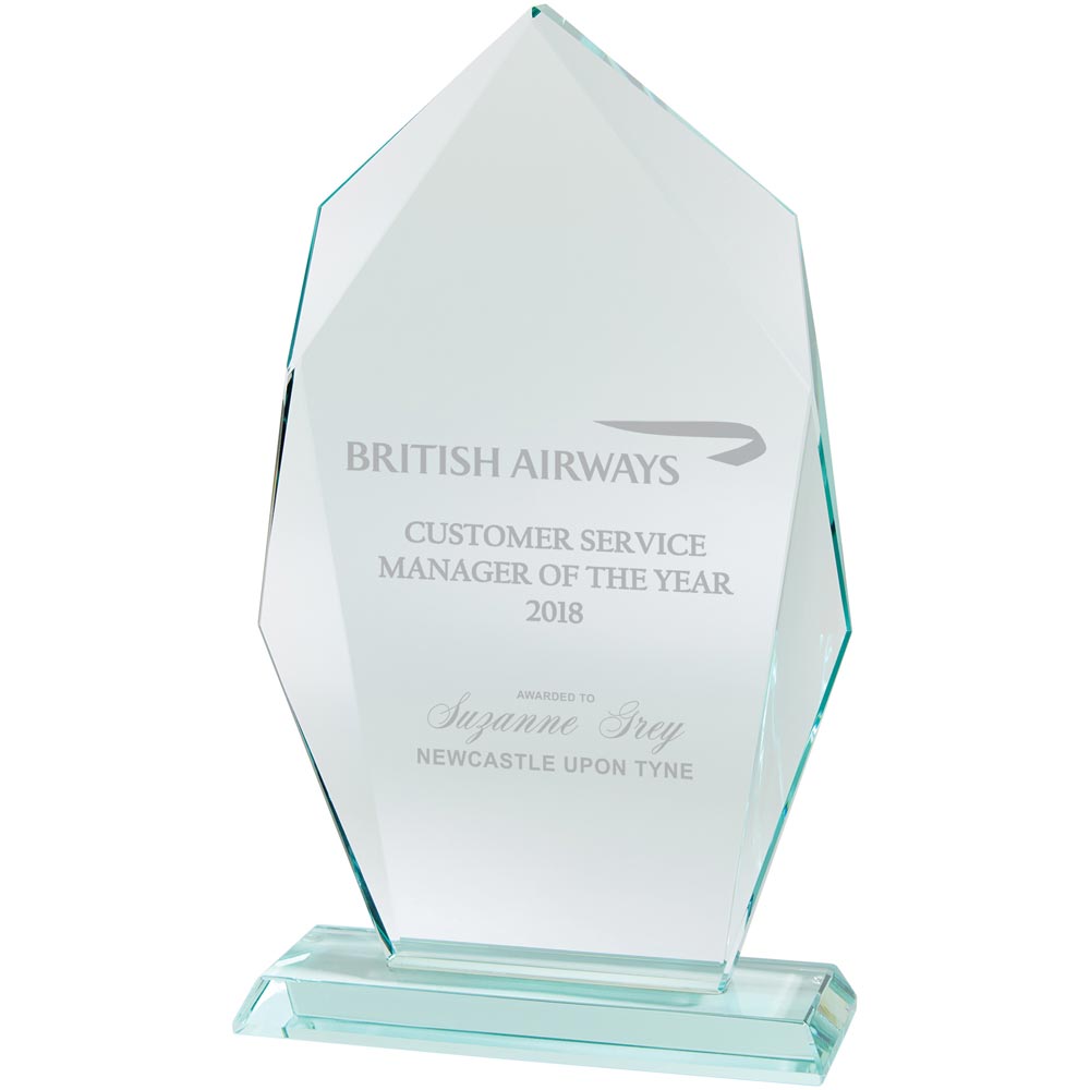 Glass award for British Airways Customer Service Manager of the Year 2018 on a white background
