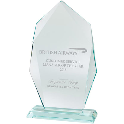 Glass award for British Airways Customer Service Manager of the Year 2018 on a white background