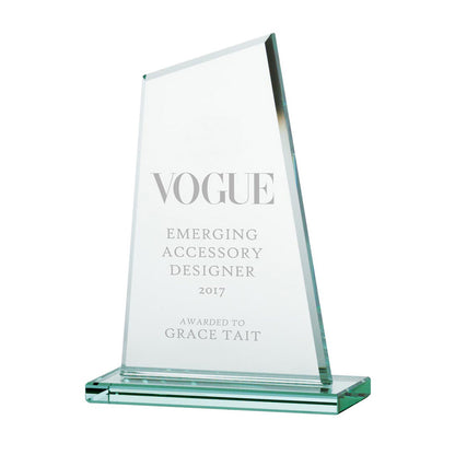 175mm glass award with 'VOGUE Emerging Accessory Designer 2017' text on a white background
