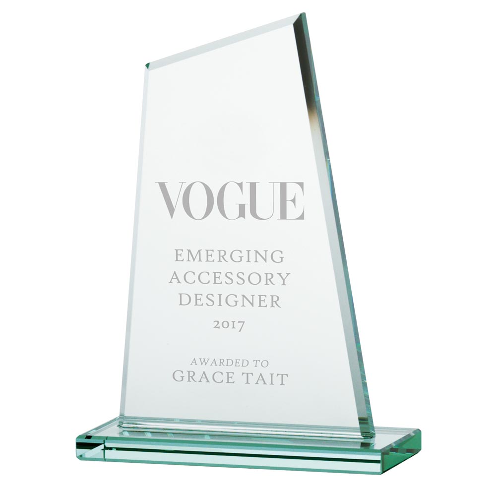 200mm glass award with 'Vogue Emerging Accessory Designer 2017' text on a white background