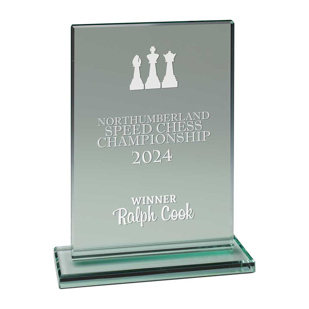 Glass award with engraved text for Northumberland Speed Chess Championship 2024, winner Ralph Cook