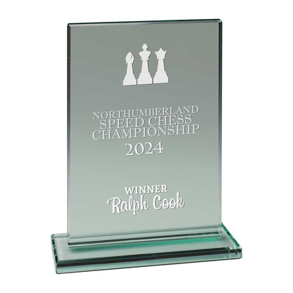 Glass award with engraved text for Northumberland Speed Chess Championship 2024, winner Ralph Cook