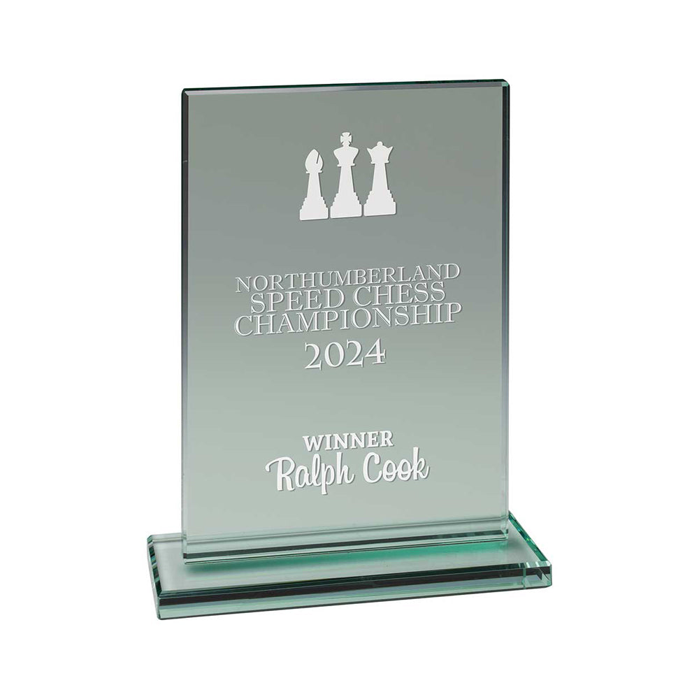 Glass award with engraved text for Northumberland Speed Chess Championship 2024