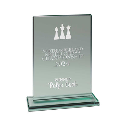 Glass award with engraved text for Northumberland Speed Chess Championship 2024