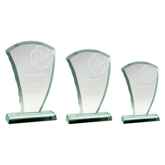 Three glass awards with 'Appreciation' engraved on them, displayed on a white background.