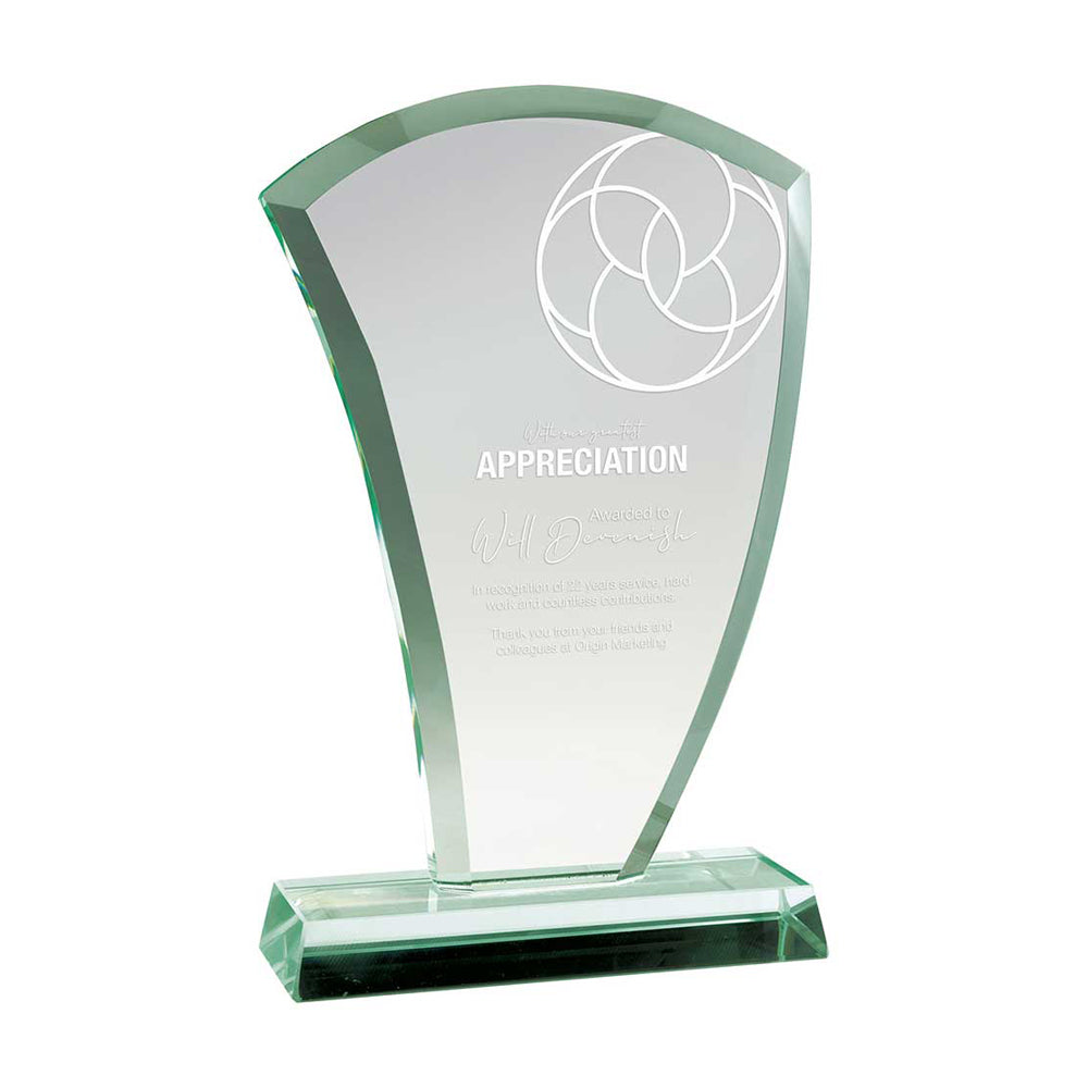Glass award with 'Appreciation' text on a white background