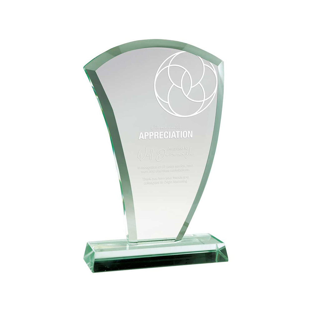 Glass award with 'Appreciation' text on a white background