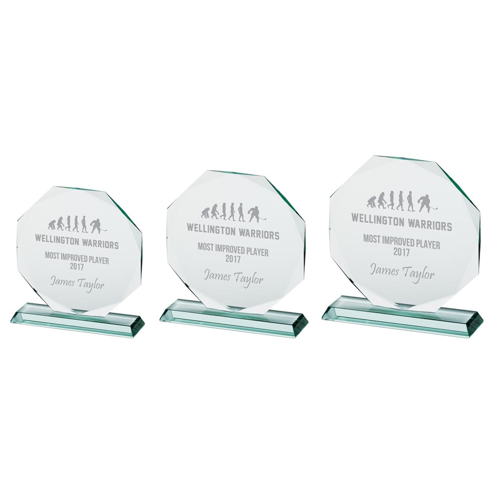 Three glass awards engraved with 'Wellington Warriors Most Improved Player 2017' and 'James Taylor'.
