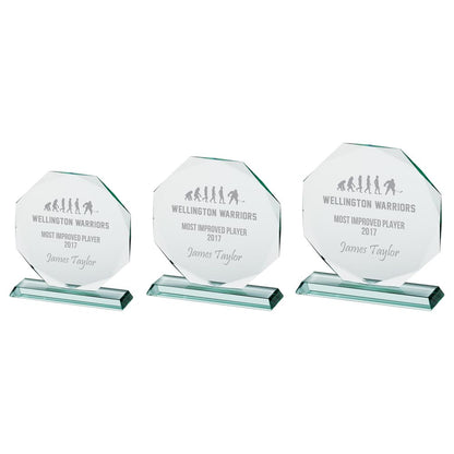 Three glass awards engraved with 'Wellington Warriors Most Improved Player 2017' and 'James Taylor'.
