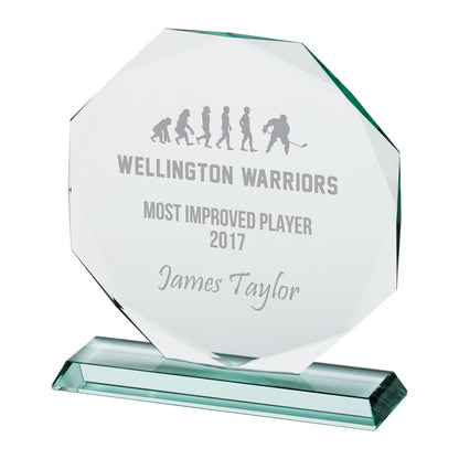 Glass award with engraved text for Wellington Warriors Most Improved Player 2017