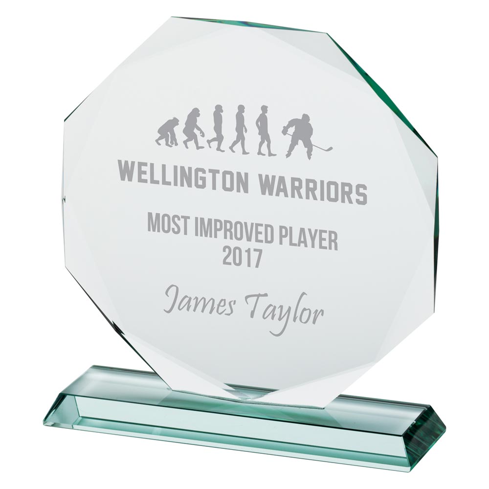 215mm glass award with engraved text for Wellington Warriors Most Improved Player 2017.