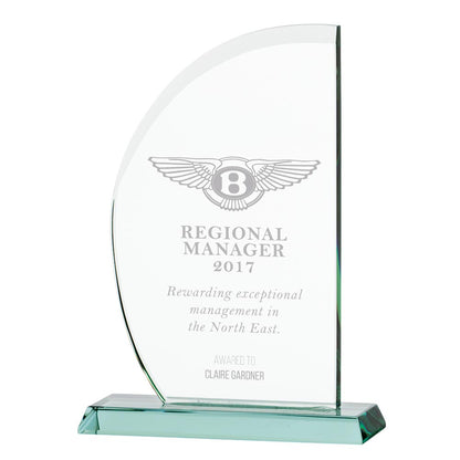 Glass award with Bentley logo and text on a white background