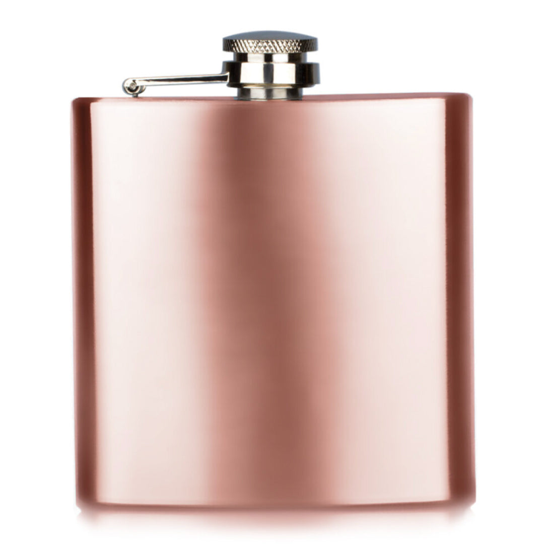 Rose gold flask with silver cap on a white background