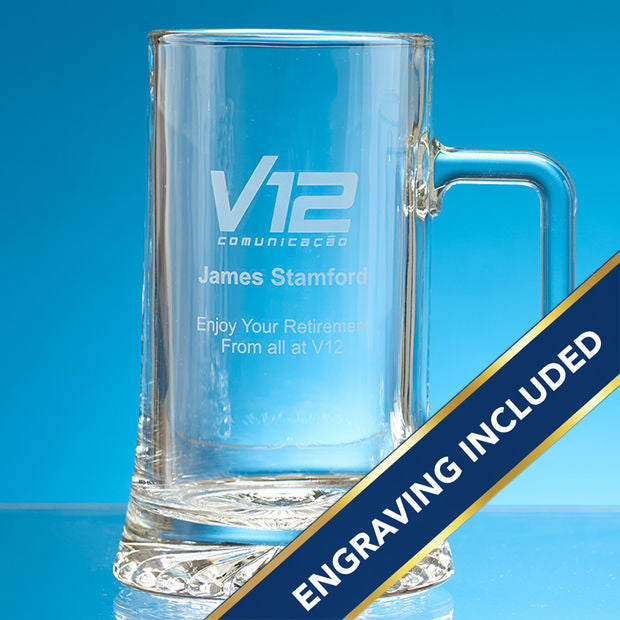 Clear glass mug with engraved text on a blue background and an engraving included banner.