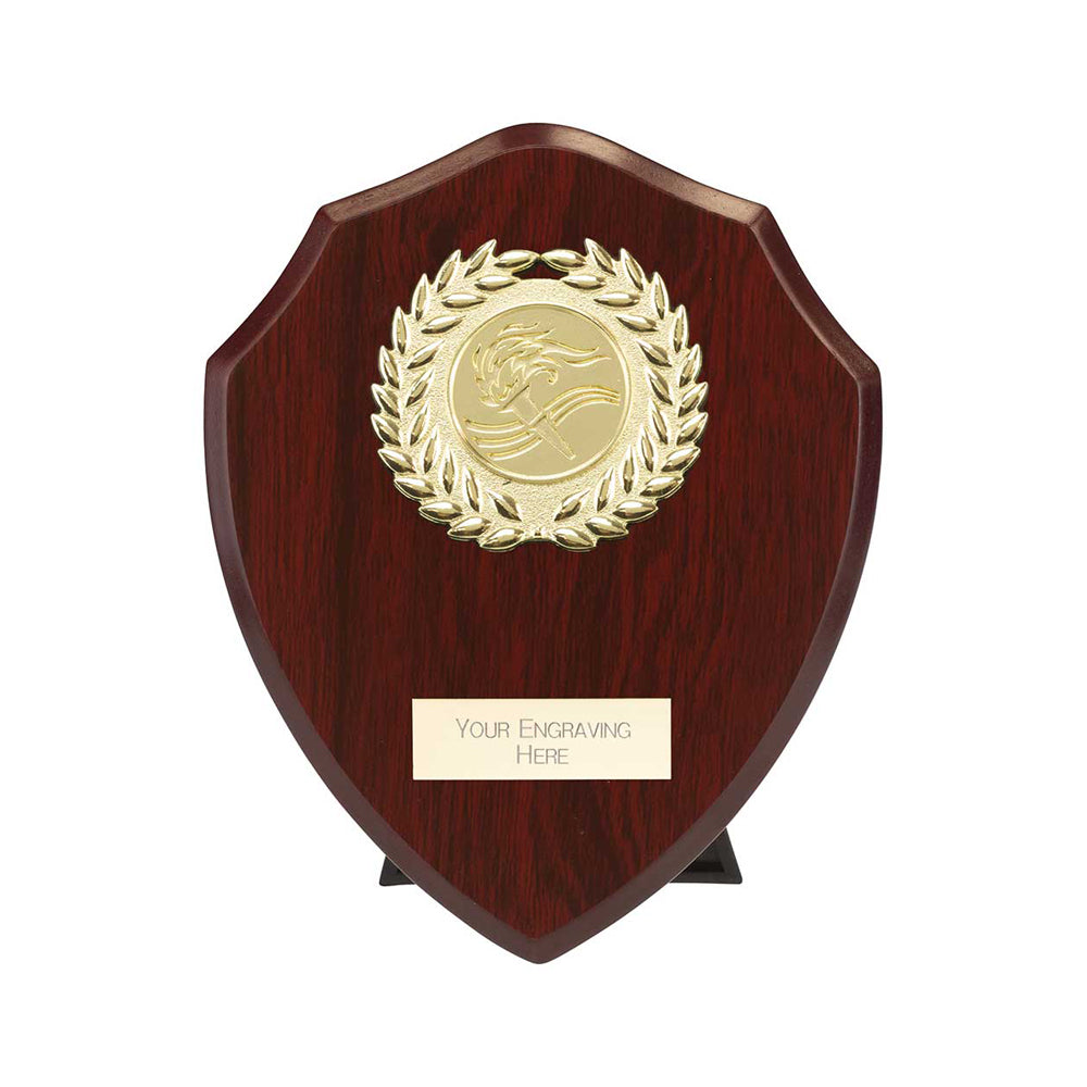 125mm cherry wooden plaque with gold emblem and engraving area on a white background