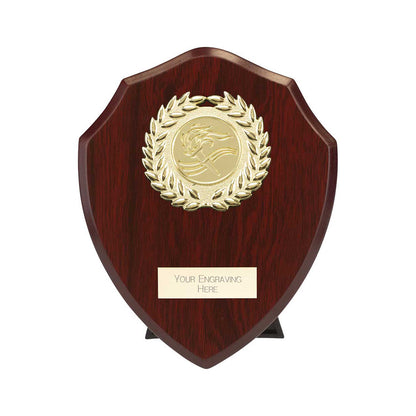 125mm cherry wooden plaque with gold emblem and engraving area on a white background