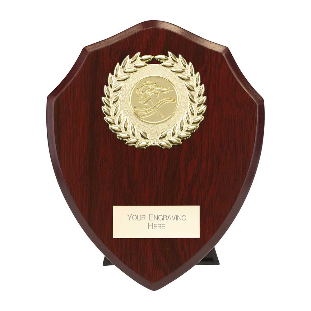 150mm cherry wooden plaque with gold emblem and engraving area on a white background