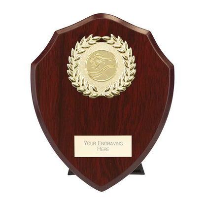 150mm cherry wooden plaque with gold emblem and engraving area on a white background