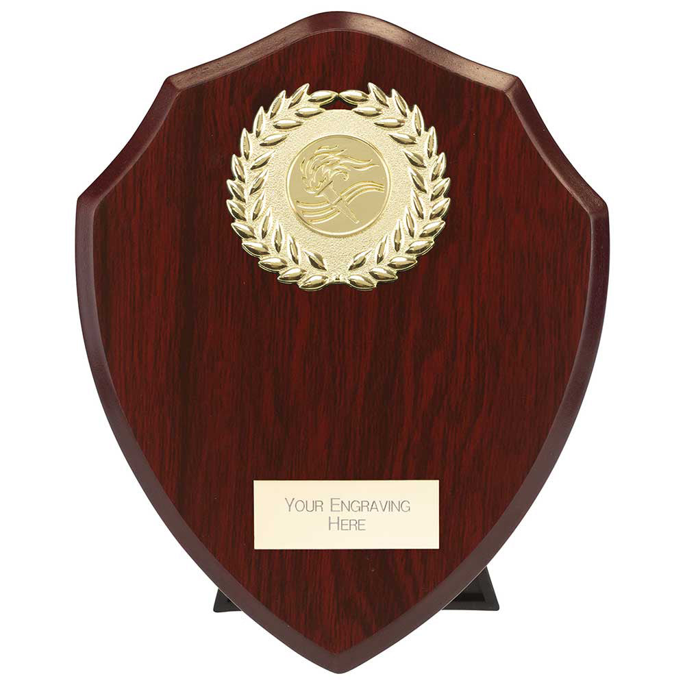 175mm cherry wooden plaque with gold emblem and engraving area on a white background