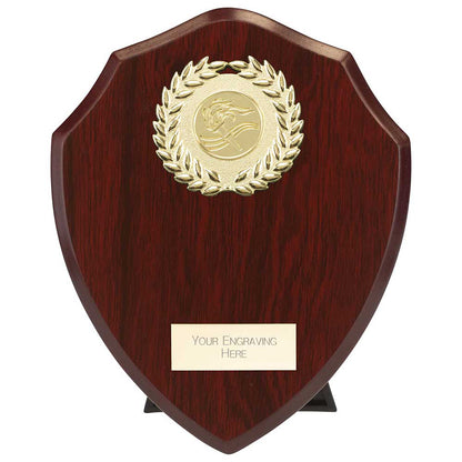 175mm cherry wooden plaque with gold emblem and engraving area on a white background