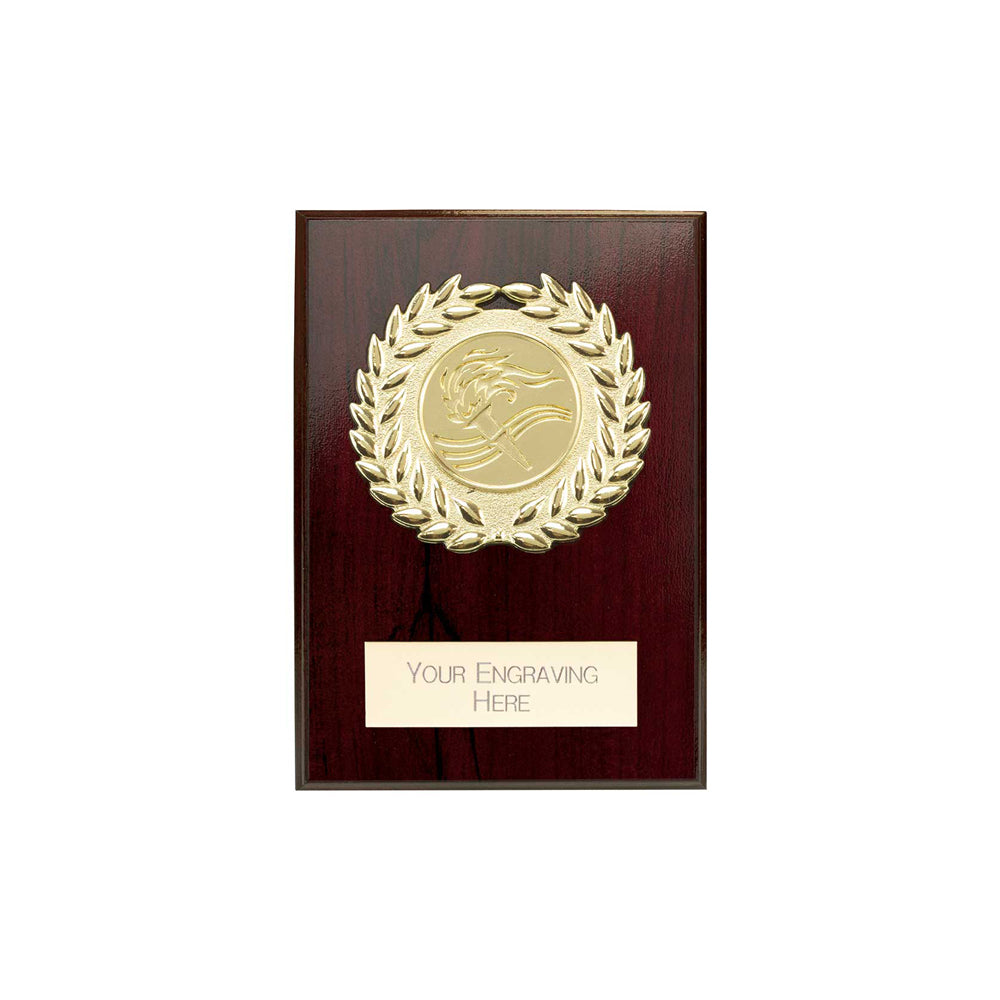 80mm wooden plaque with gold emblem and engraving area on a white background