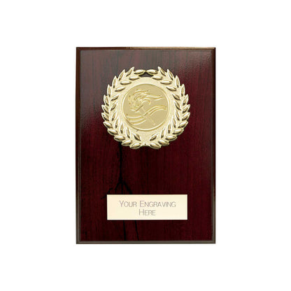 100mm wooden plaque with gold emblem and engraving area on a white background