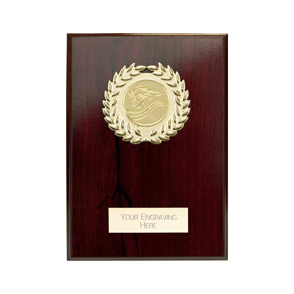 125mm wooden plaque with gold emblem and engraving area on a white background