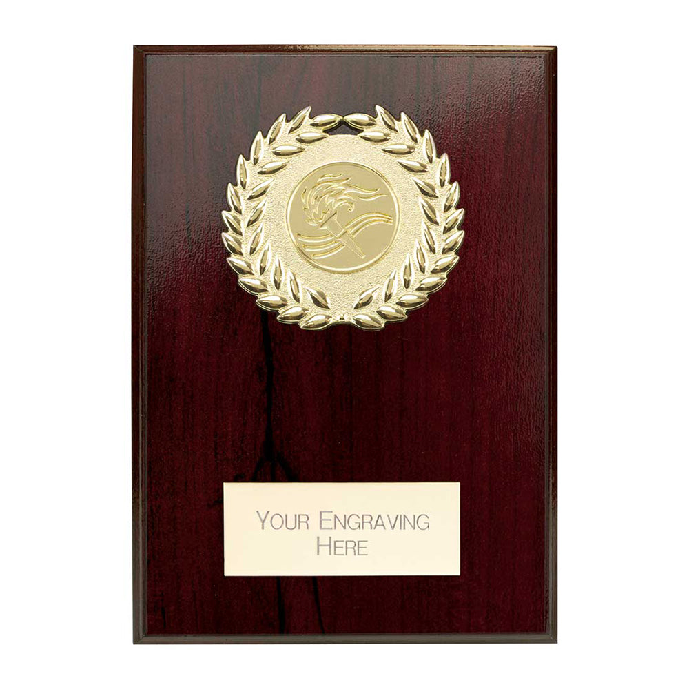 150mm height wooden plaque with gold emblem with space for engraving text.
