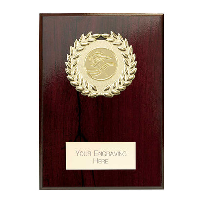 150mm height wooden plaque with gold emblem with space for engraving text.