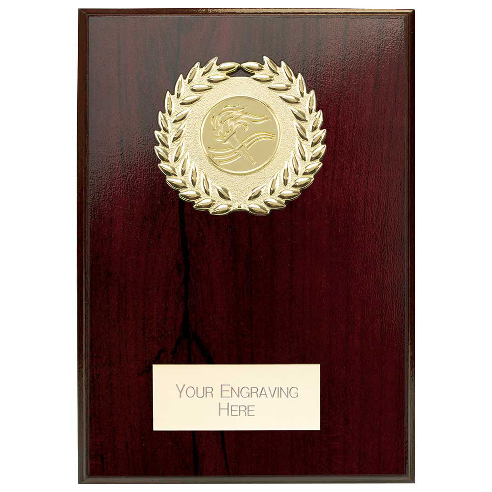 175mm height wooden plaque with gold emblem with space for engraving text.