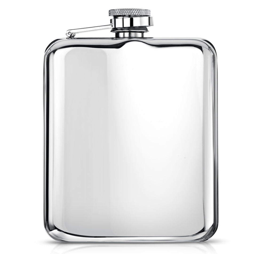 Clear glass flask with silver metal cap on a white background