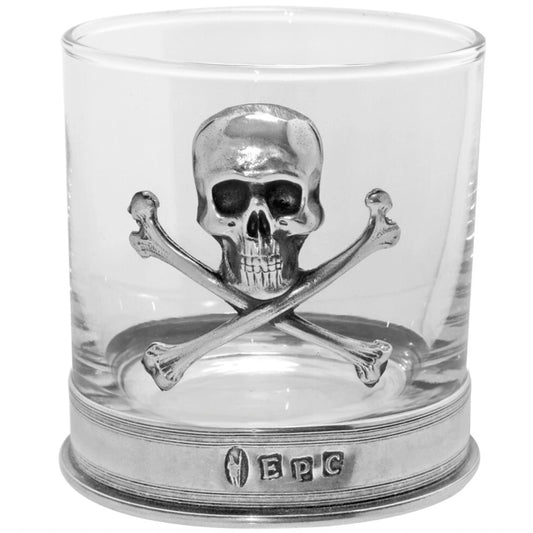 Clear glass with silver skull and crossbones design on a white background