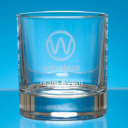 Clear glass with 'waveless Team Event' engraving on a blue background