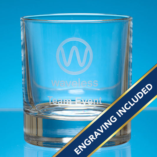 Clear glass with 'waveless Team Event' engraving on a blue background and an engraving included banner.