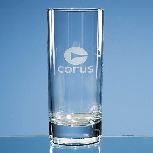 Clear glass with 'corus' logo on a blue background