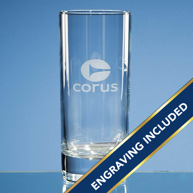 Clear glass with 'corus' logo on a blue background and an engraving included banner.