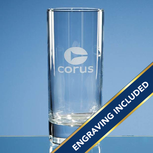 Clear glass with 'corus' logo on a blue background and an engraving included banner.