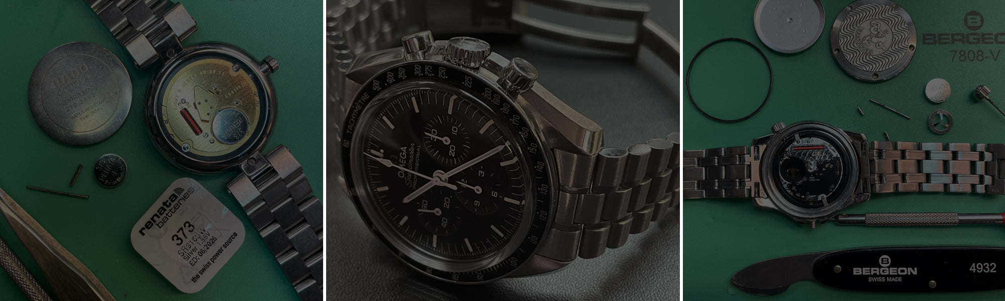 Collage of a watch with various components on a green background