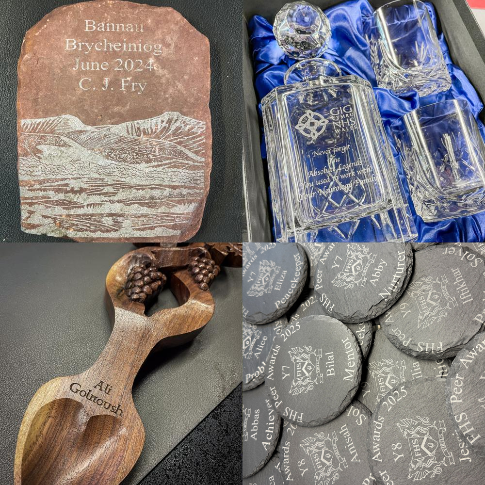 Collage of engraved items including a stone, wooden spoon, crystal glasses, and slate with branding.