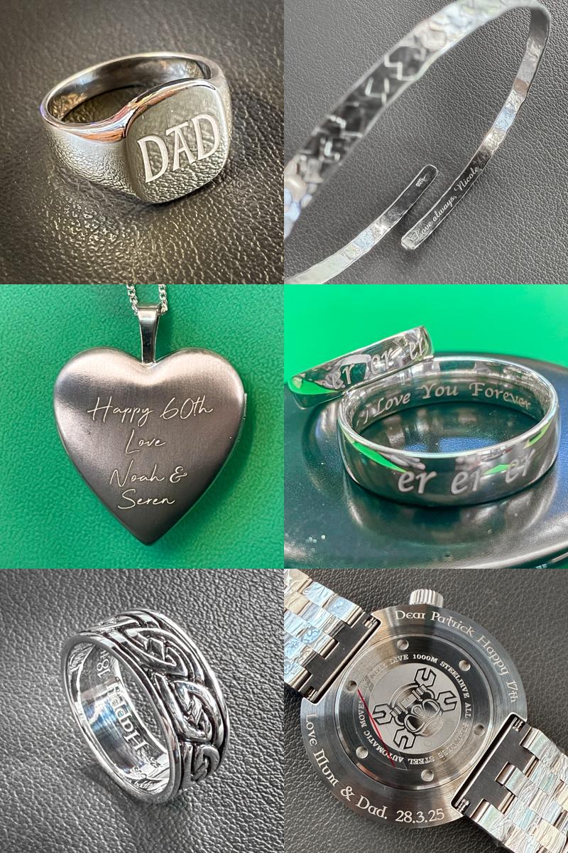 Collection of silver jewelry including rings, a bracelet, a heart-shaped pendant, and a watch.