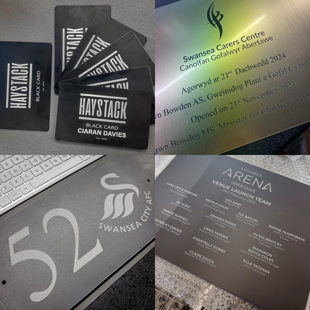 Collage of Haystack black cards, Swansea Carers Centre plaque, Swansea City AFC sign, and Arena Abertawe venue launch team list.