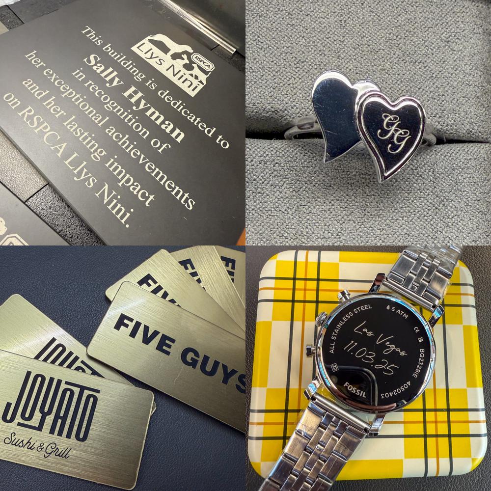 Collage of a plaque, heart-shaped pendant, Five Guys cards, and a Fossil watch on a checkered coaster.